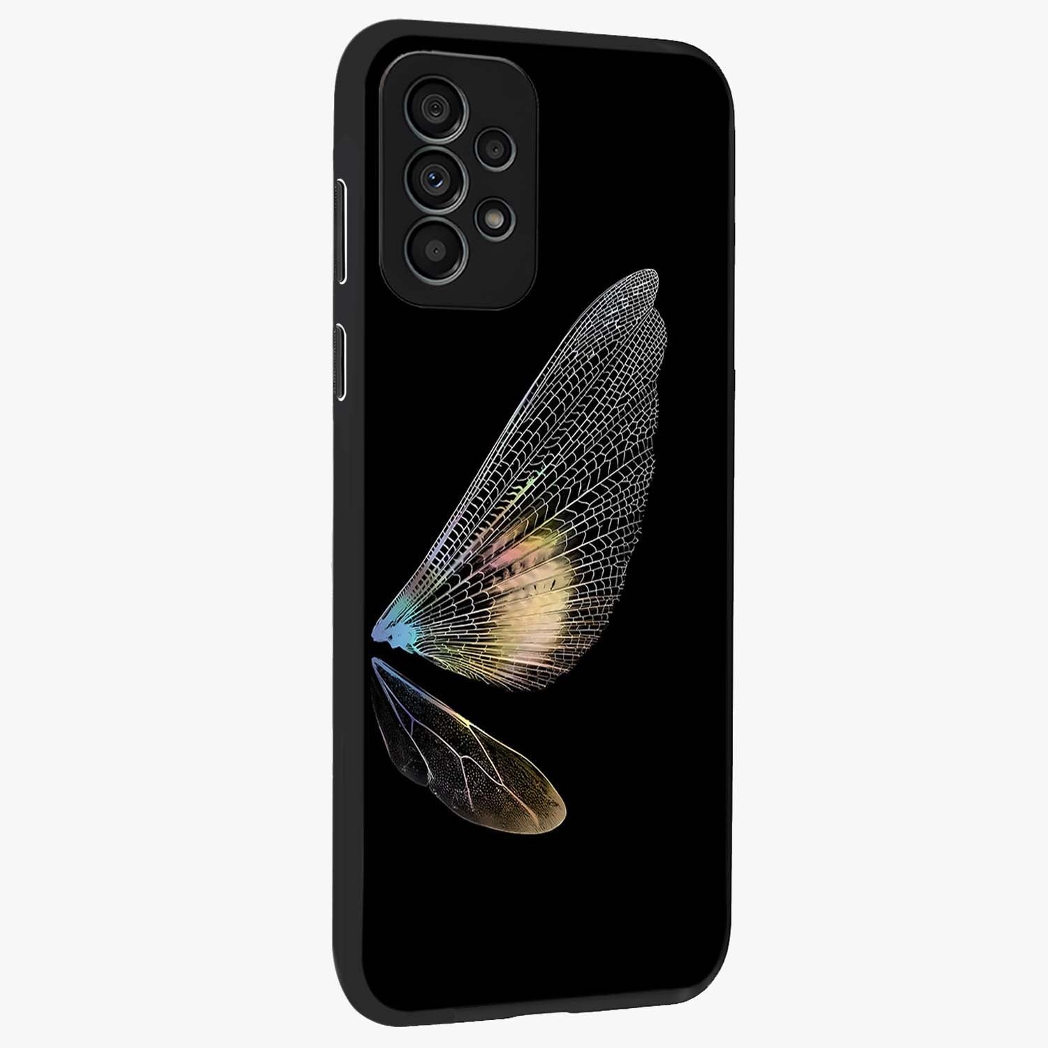 Whispers Of Wings Glass Case upright view showcasing elegant wing artwork with light airy theme.
