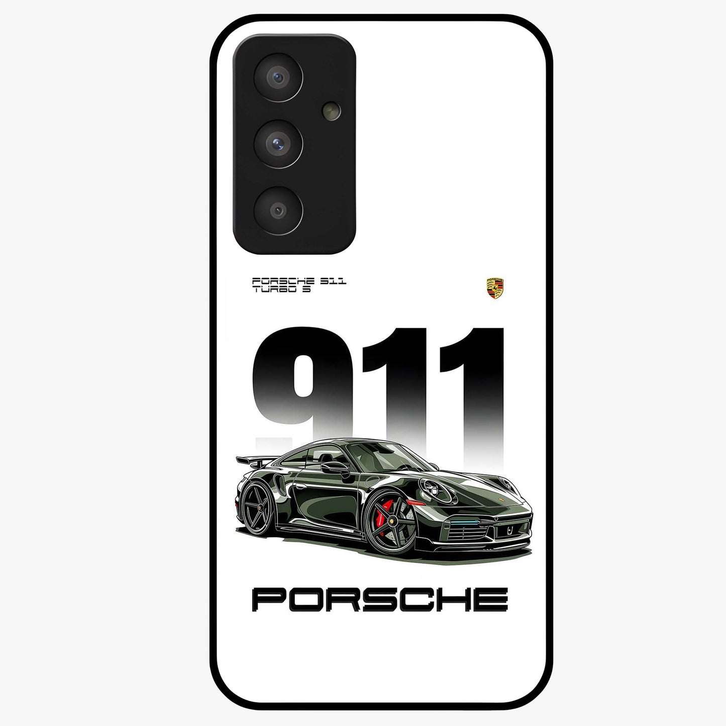 911 Turbo Dominance Glass Case showing clean flat back view with bold 911 sports car artwork and glossy glass finish.