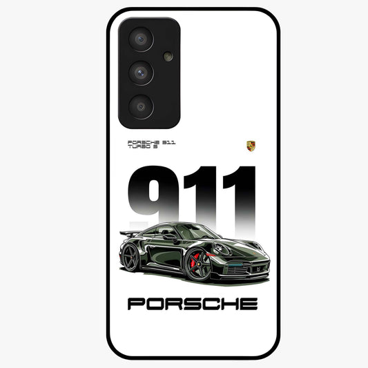 911 Turbo Dominance Glass Case showing clean flat back view with bold 911 sports car artwork and glossy glass finish.