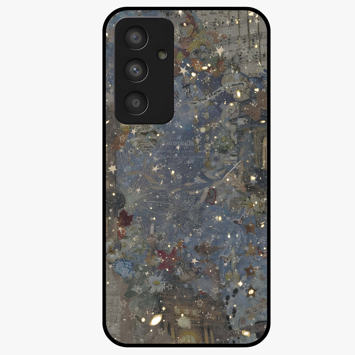 Aesthetic Astrolophia Glass Case showing flat back view with dreamy aesthetic design and glossy glass finish.