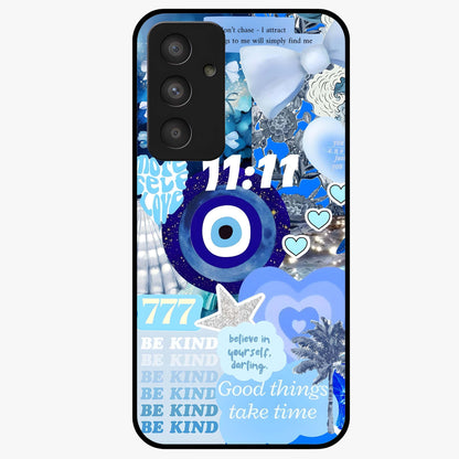Aesthetic Be Kind Eye Glass Case showing flat back view with motivational eye artwork and glossy glass finish.