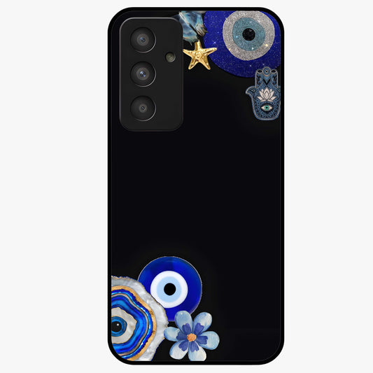 Aesthetic Blue Evil Eye Glass Case showing flat back view with protective evil eye artwork and glossy glass finish.