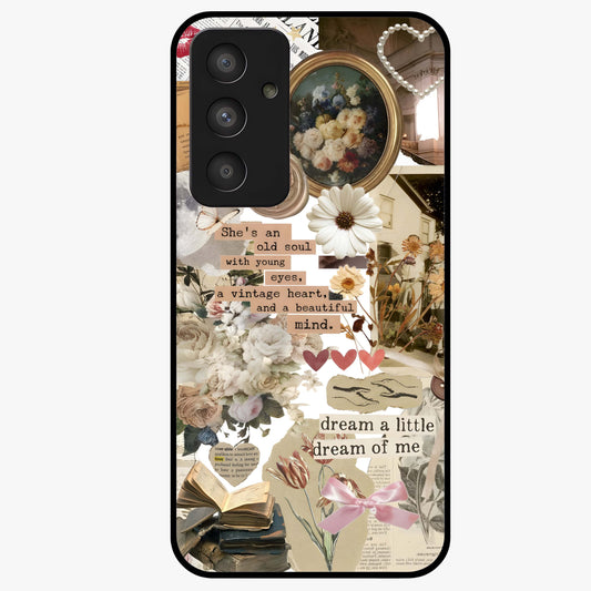 Aesthetic Brown Vintage Collage Glass Case showing flat back view with retro collage artwork and glossy glass finish.