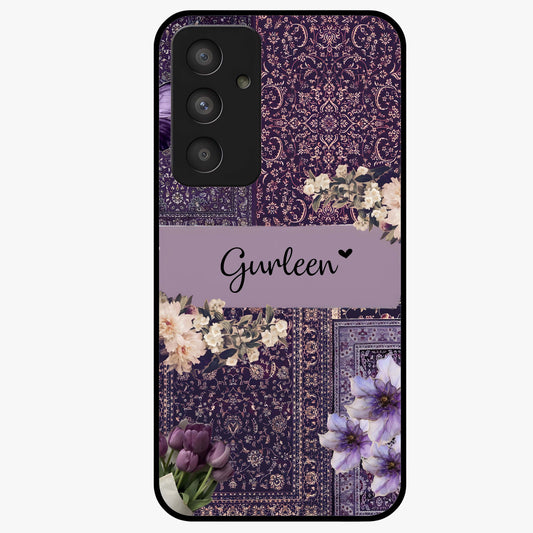Antique Floral Whisper Custom Name Glass Case showing flat back view with vintage floral artwork and personalized name design.