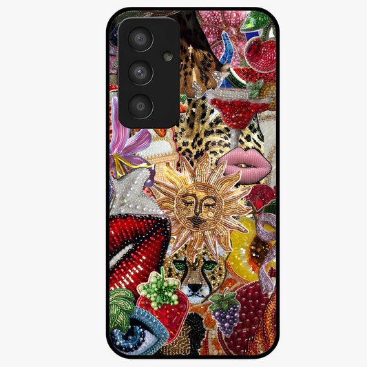 Beaded Fashion Jungle Glass Case showing flat back view with vibrant jungle inspired bead artwork and glossy glass finish.