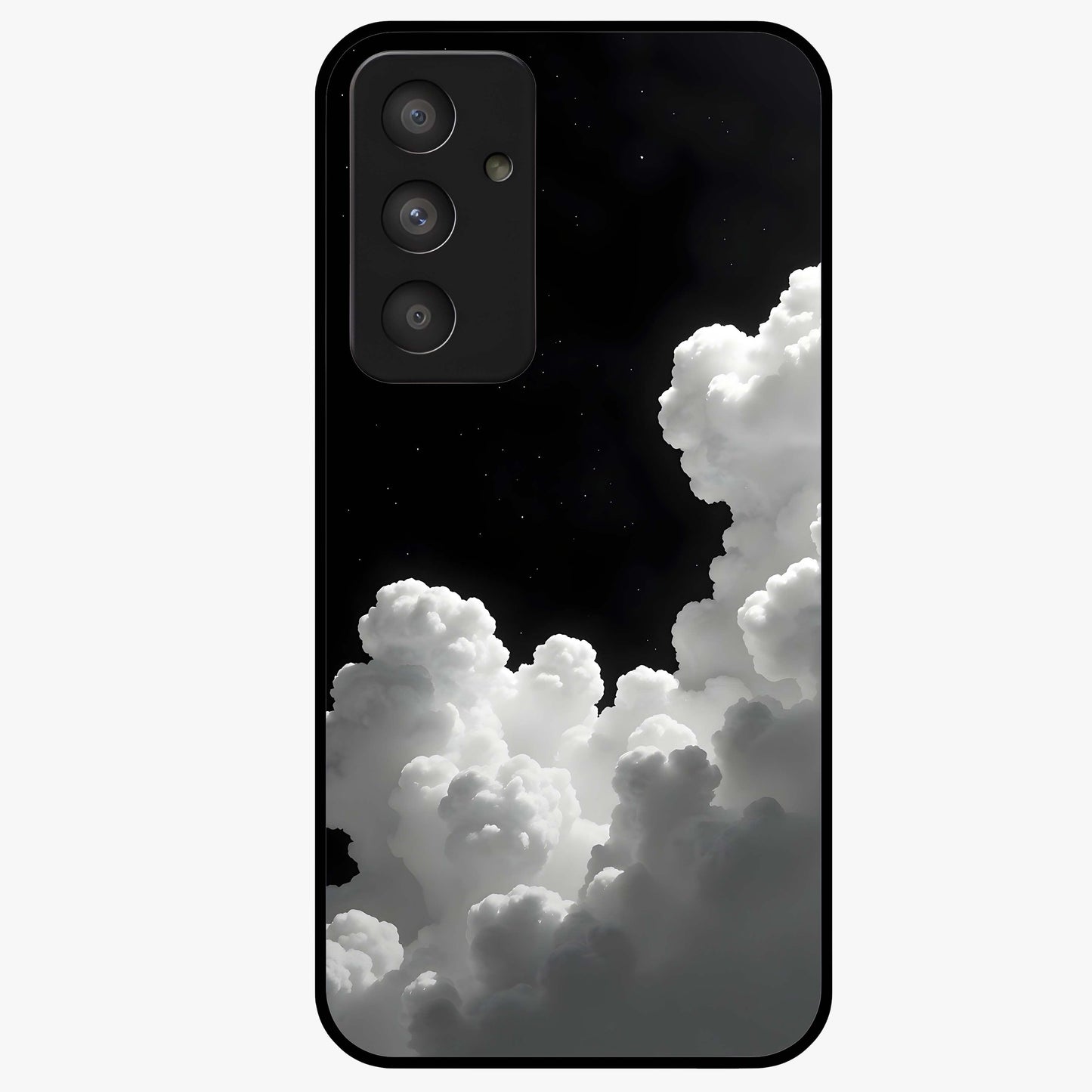 Black Background With White Cloud Glass Case showing flat back view with minimal cloud artwork on dark background and glossy glass finish.