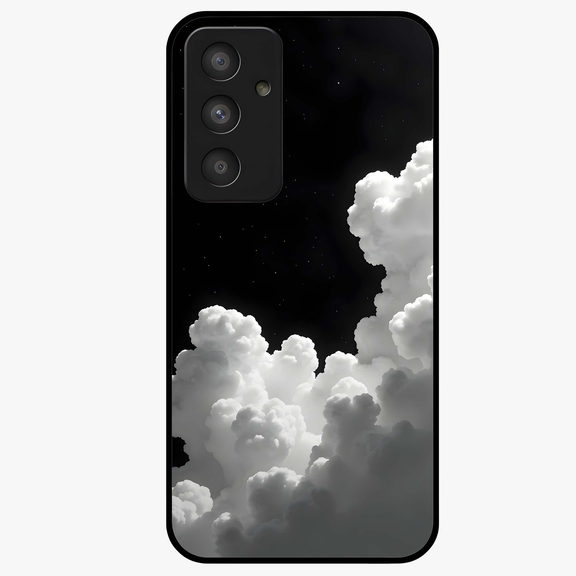 Black Background With White Cloud Glass Case showing flat back view with minimal cloud artwork on dark background and glossy glass finish.