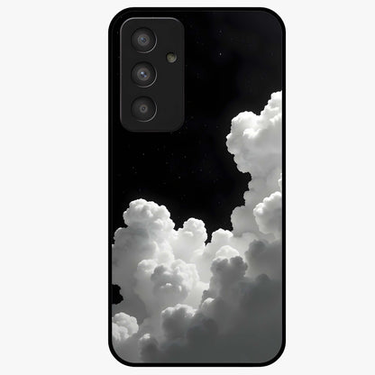 Black Background With White Cloud Glass Case showing flat back view with minimal cloud artwork on dark background and glossy glass finish.