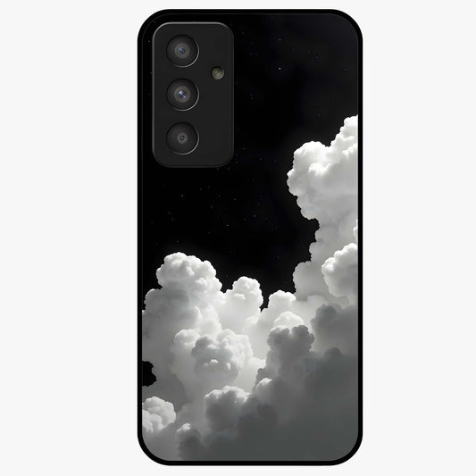 Black Background With White Cloud Glass Case showing flat back view with minimal cloud artwork on dark background and glossy glass finish.