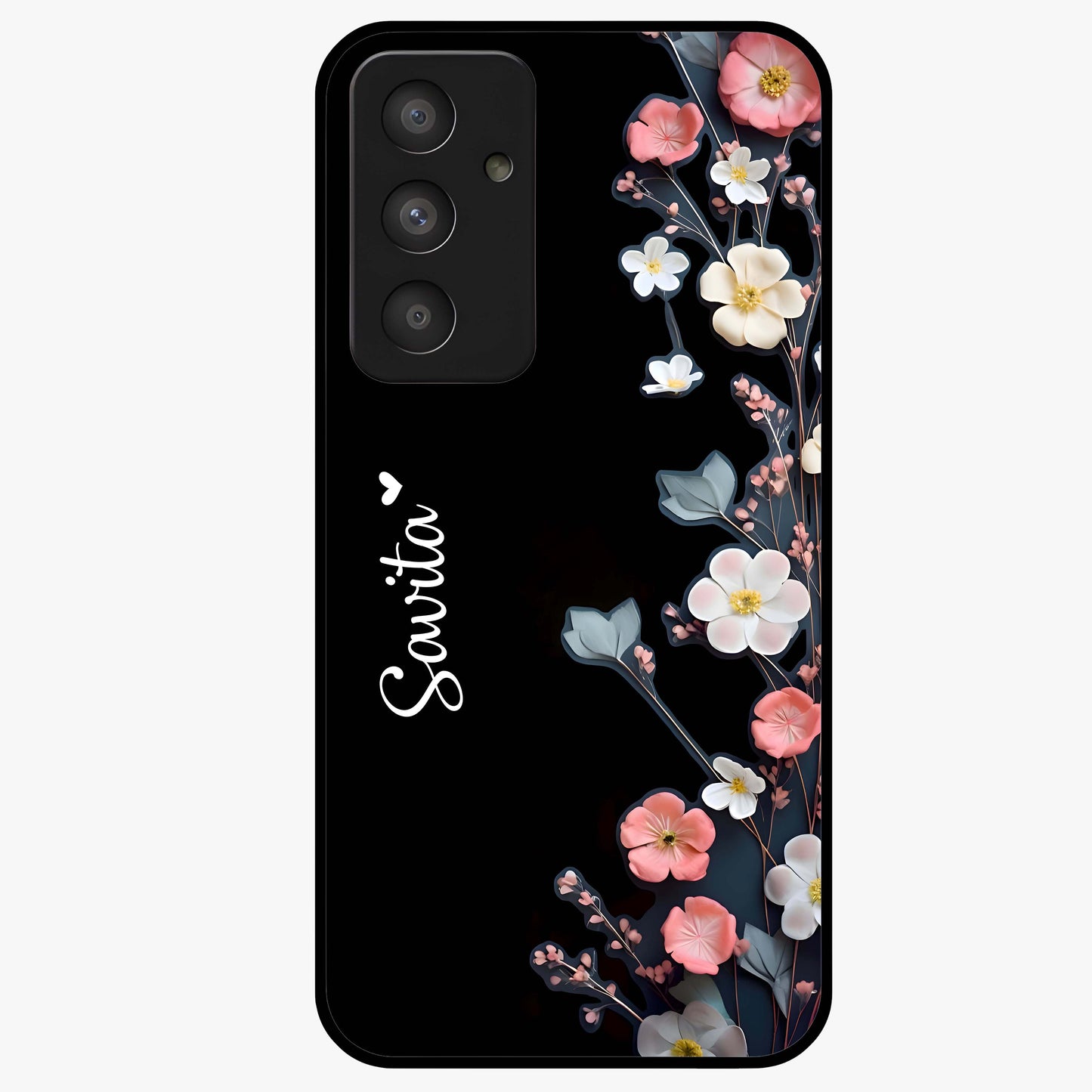 Black Elegance Floral Custom Name Glass Case showing flat back view with elegant floral artwork and personalized name design.