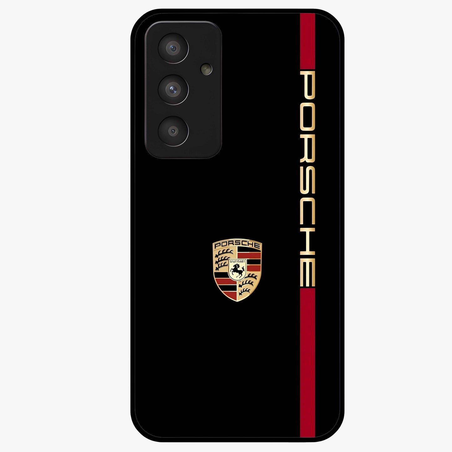 Black Minimal Porsche Glass Case showing flat back view with sleek minimal sports car artwork and glossy glass finish.