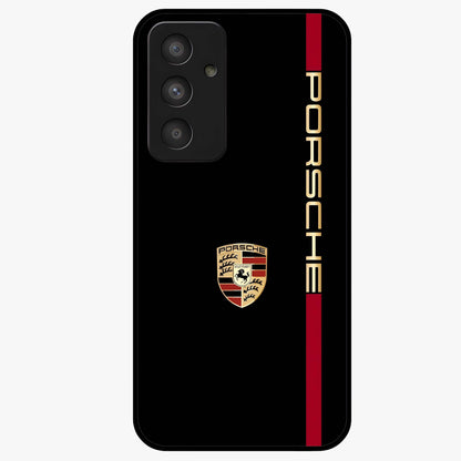 Black Minimal Porsche Glass Case showing flat back view with sleek minimal sports car artwork and glossy glass finish.