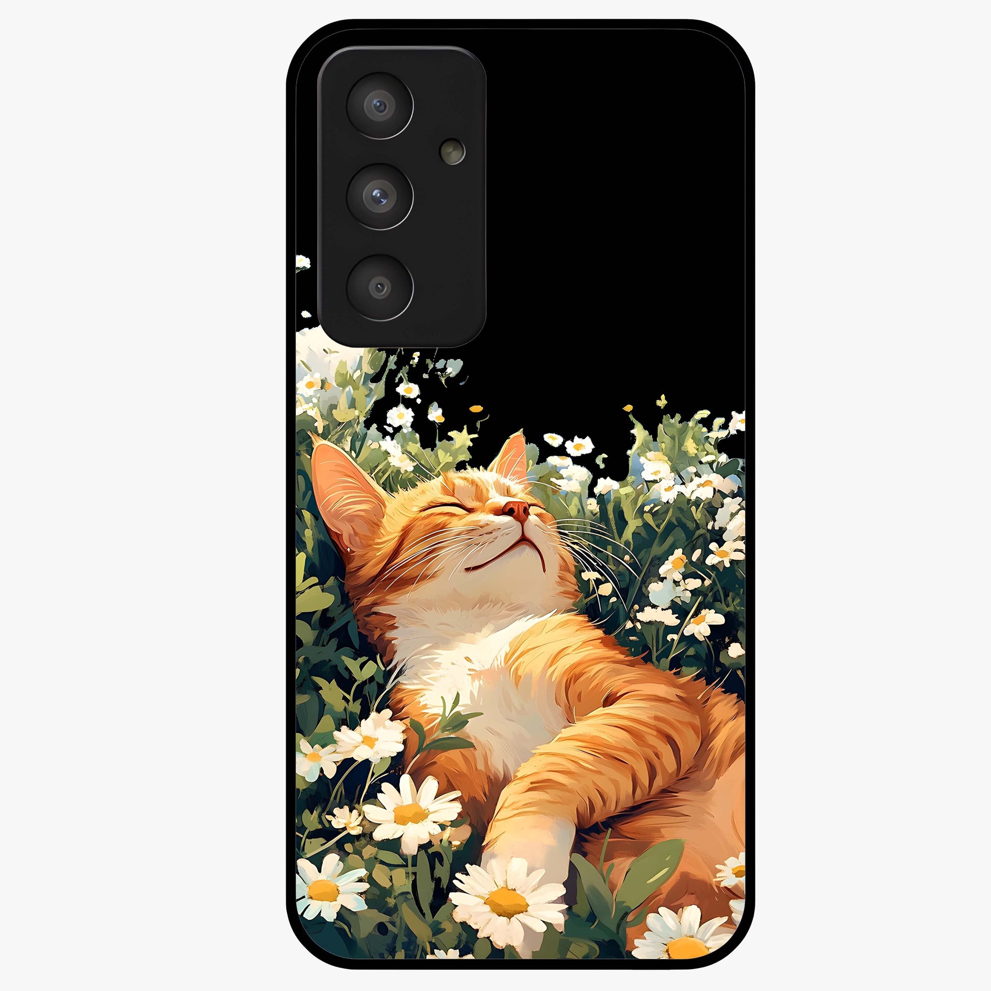 Blissful Bloom Cat Glass Case showing flat back view with cute cat and floral bloom artwork and glossy glass finish.