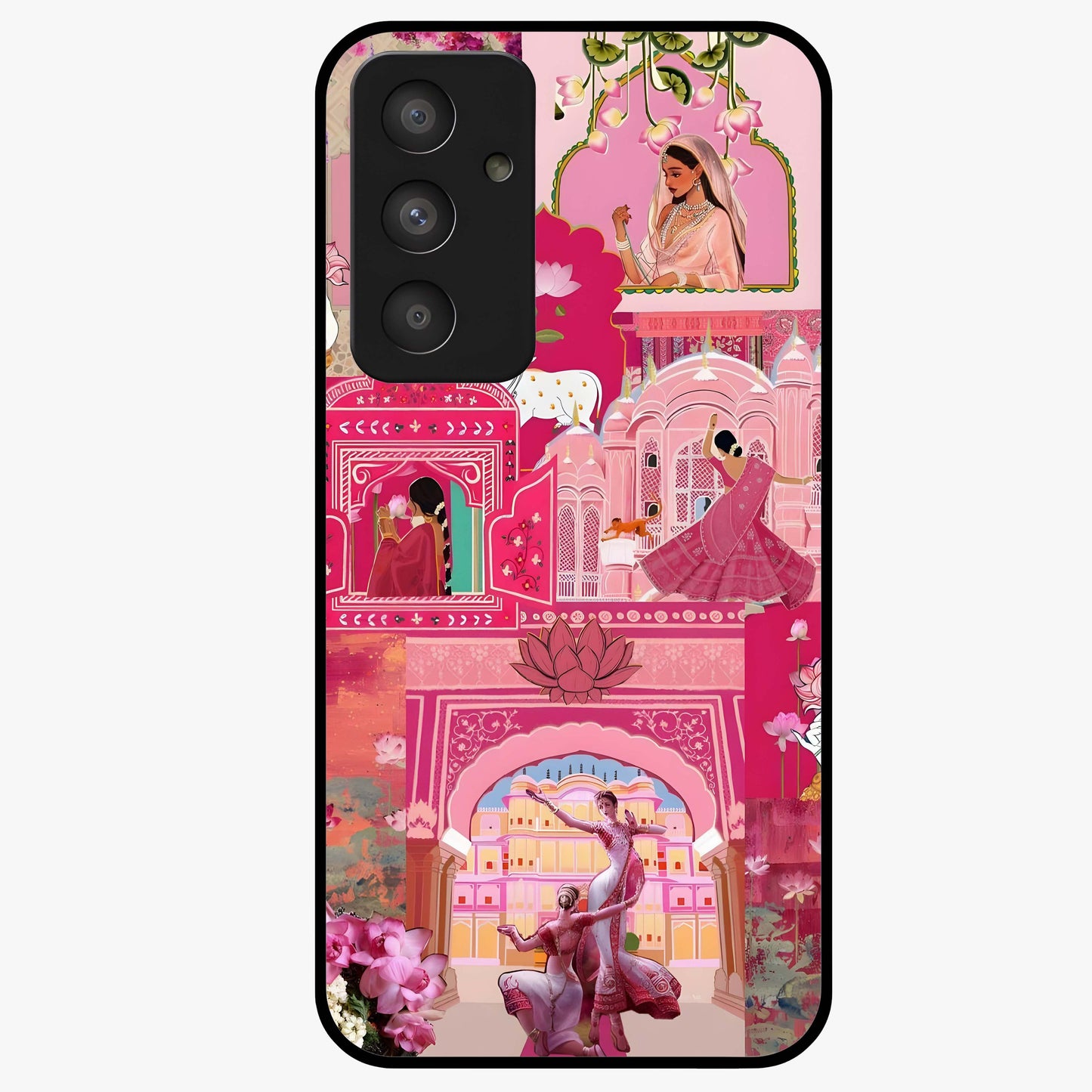 Blossoms of Rajasthan Glass Case showing flat back view with traditional floral artwork inspired by Rajasthan and glossy glass finish.