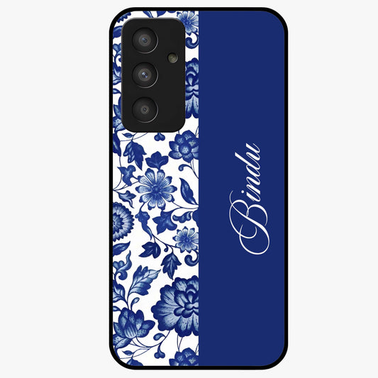 Blue Vintage Floral Pattern Glass Case upright view showcasing timeless floral illustration with vintage inspired style.