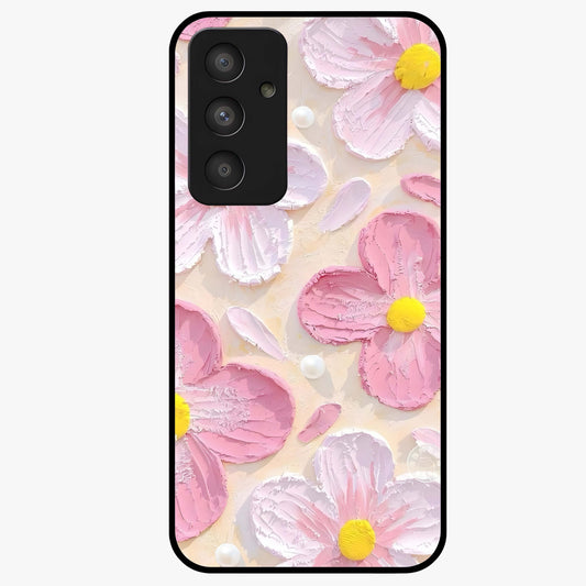 Blush Bloom Texture Glass Case showing flat back view with soft blush floral texture artwork and glossy glass finish.