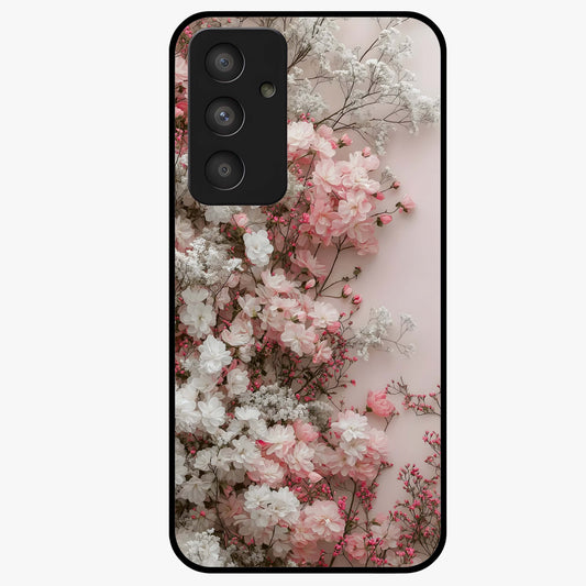 Blush Blossom Cloud Glass Case showing flat back view with dreamy blush cloud blossom artwork and glossy glass finish.