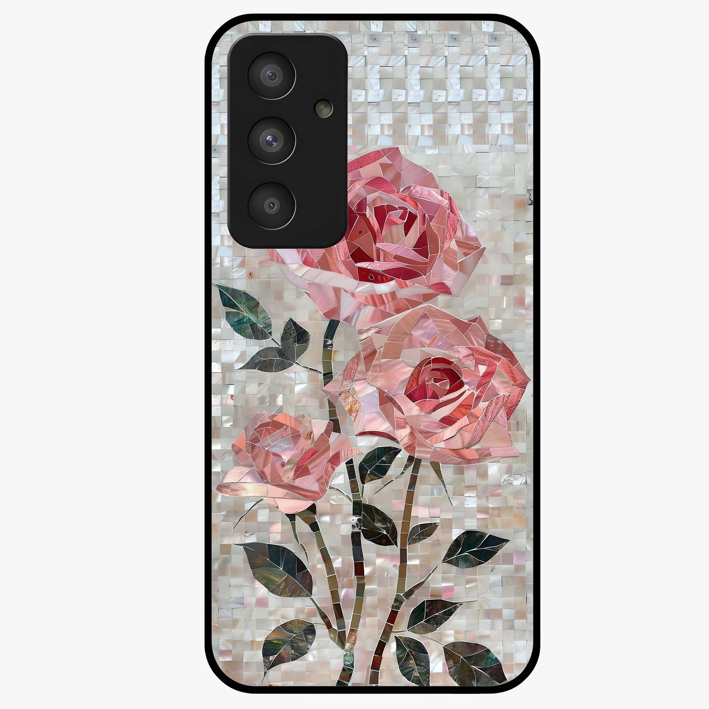 Blush Mosaic Bloom Glass Case showing flat back view with mosaic floral bloom artwork and glossy glass finish.