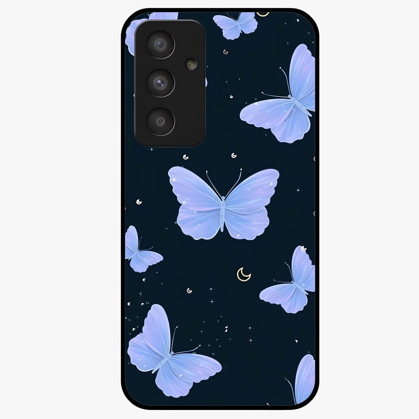 Butterfly With Stars Pattern Glass Case showing flat back view with butterfly and star pattern artwork and glossy glass finish.