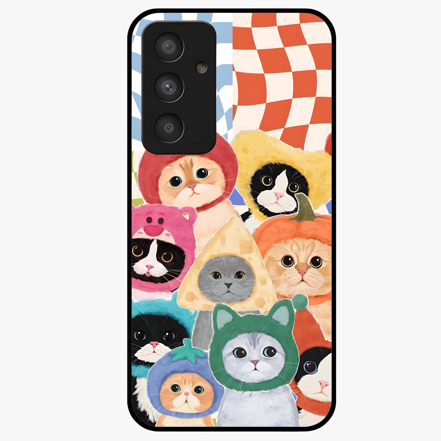 Cats in Fruits Glass Case showing flat back view with playful cat illustrations inside fruit artwork and glossy glass finish.