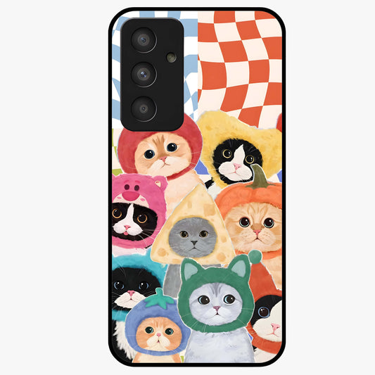 Cats in Fruits Glass Case showing flat back view with playful cat illustrations inside fruit artwork and glossy glass finish.
