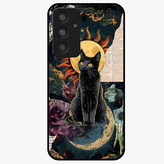 Celestial Black Cat Glass Case showing flat back view with mystical black cat artwork and glossy glass finish.