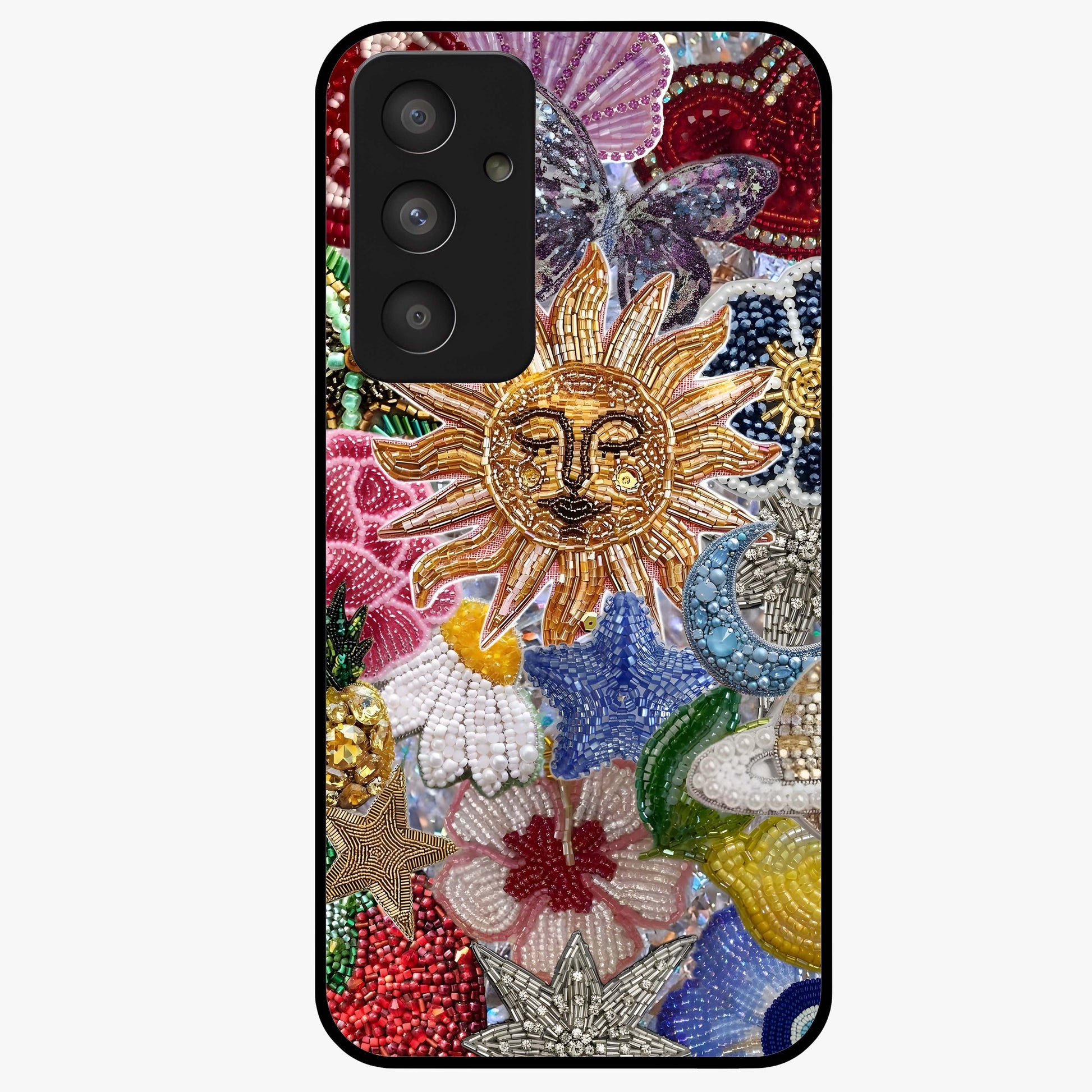 Celestial Floral and Playful Glass Case showing flat back view with floral and celestial themed artwork and glossy glass finish.