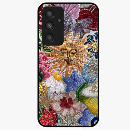 Celestial Floral and Playful Glass Case showing flat back view with floral and celestial themed artwork and glossy glass finish.