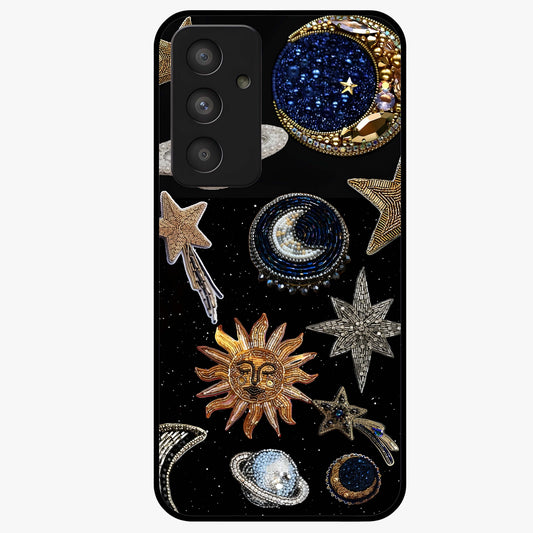 Celestial Gem Constellations Glass Case showing flat back view with sparkling constellation artwork and glossy glass finish.