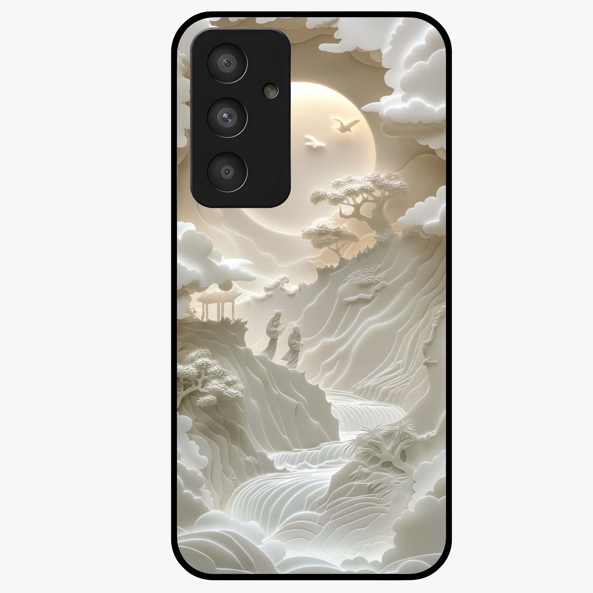 Celestial Origami Glass Case showing flat back view with artistic origami inspired celestial artwork and glossy glass finish.