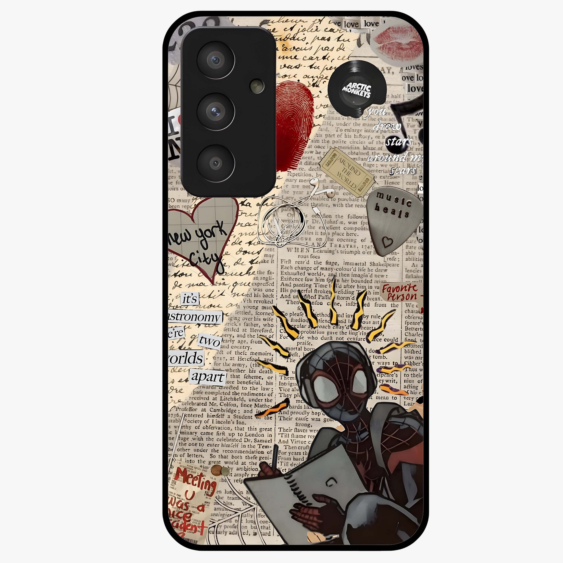 City Dream Sketch Glass Case showing flat back view with artistic city skyline sketch artwork and glossy glass finish.