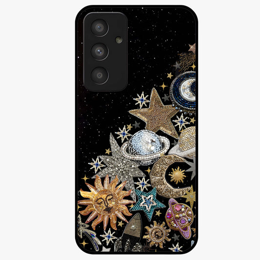 Cosmic Sparkle Dreams Glass Case showing flat back view with sparkling cosmic artwork and glossy glass finish.