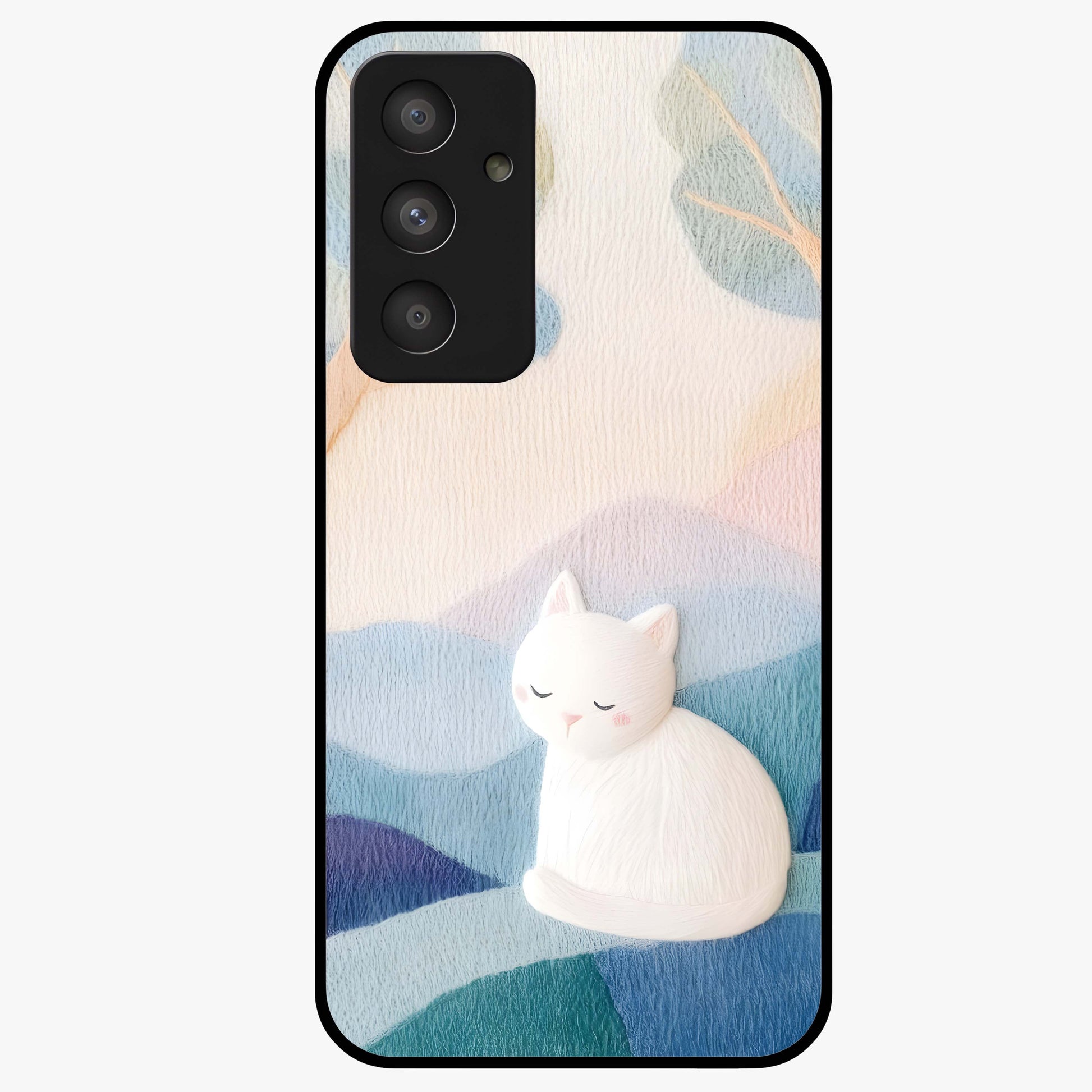 Cotton Dream Cat Glass Case showing flat back view with soft dreamy cat artwork and glossy glass finish.
