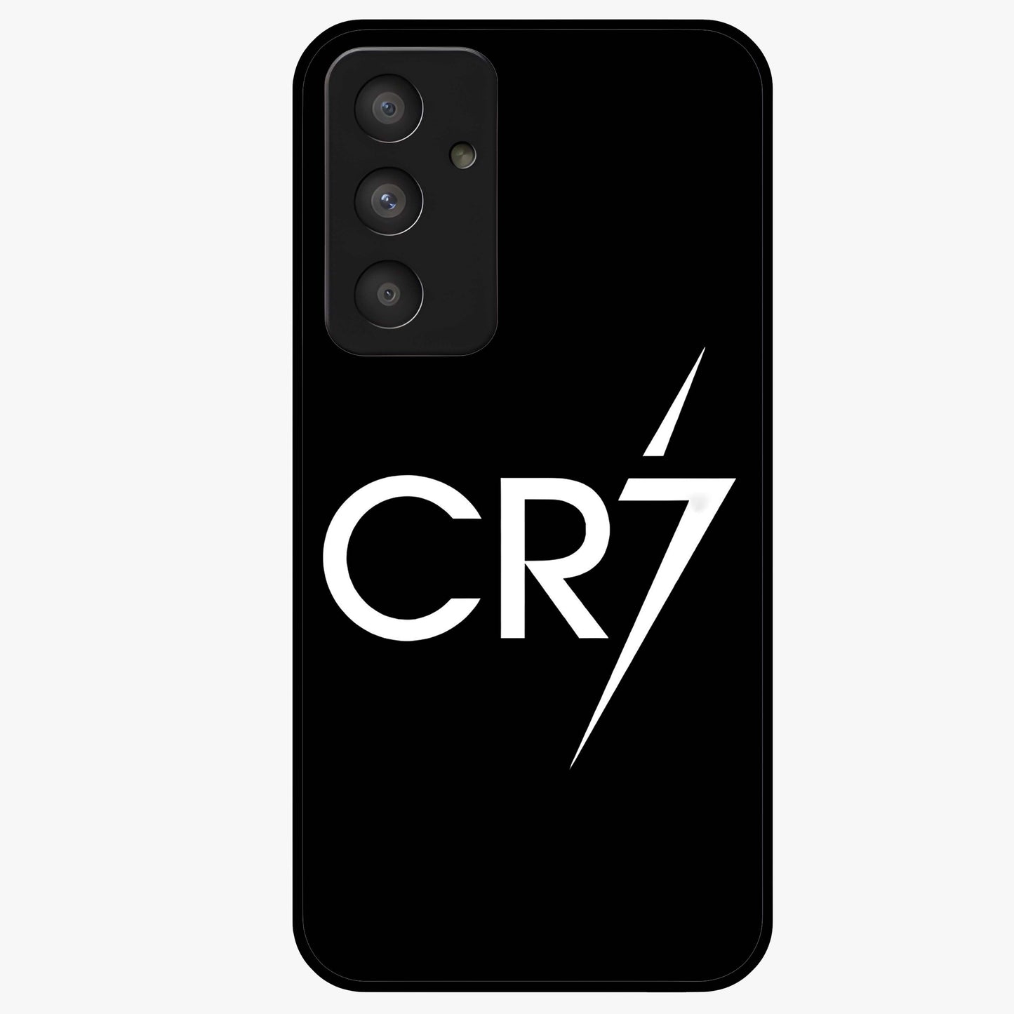 Cr7 Elite Strike Glass Case showing flat back view with dynamic football inspired artwork and glossy glass finish.