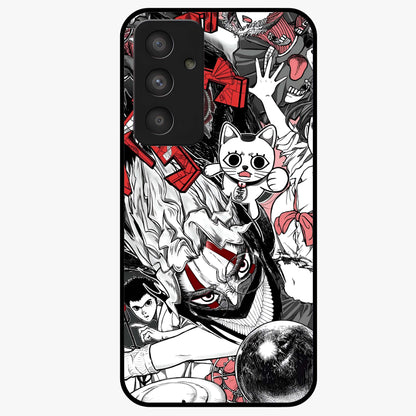 Crimson Chaos Panel Glass Case showing flat back view with bold crimson abstract artwork and glossy glass finish.