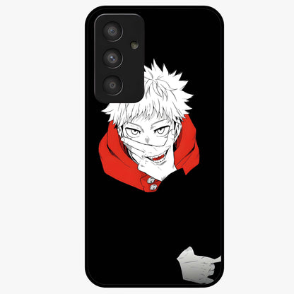 Crimson Chaos Smile Glass Case showing flat back view with bold chaotic smile artwork and glossy glass finish.