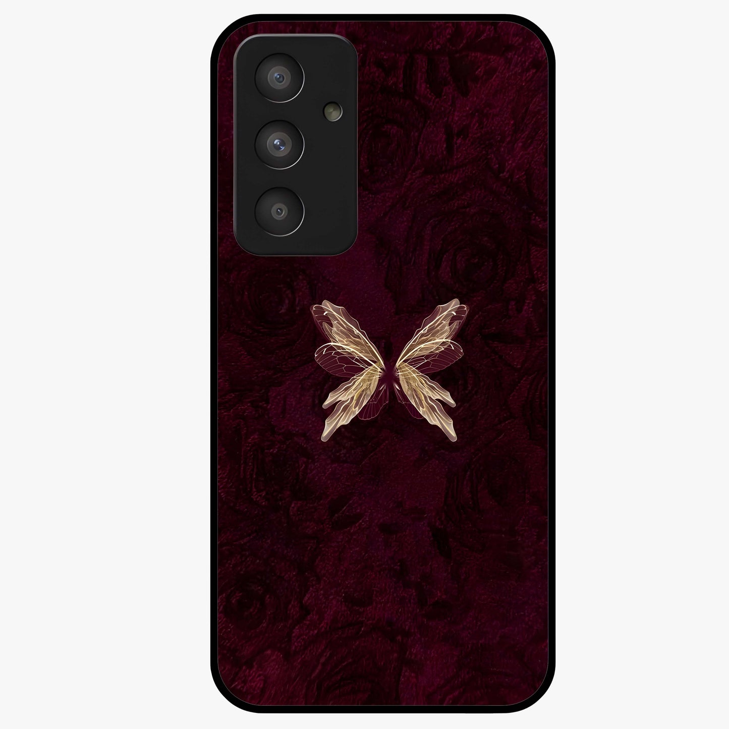 Crimson Fade Butterfly Glass Case showing flat back view with fading butterfly artwork and glossy glass finish.