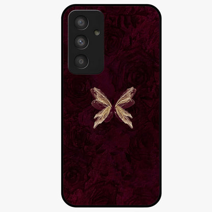 Crimson Fade Butterfly Glass Case showing flat back view with fading butterfly artwork and glossy glass finish.