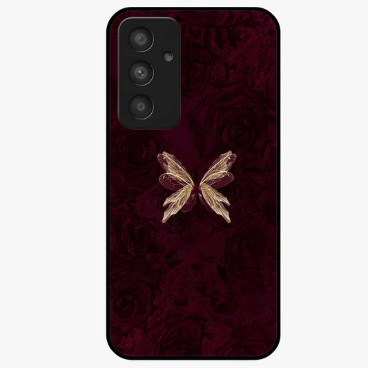 Crimson Fade Butterfly Glass Case showing flat back view with fading butterfly artwork and glossy glass finish.