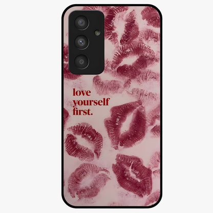 Crimson Kiss Love Glass Case showing flat back view with romantic crimson themed artwork and glossy glass finish.