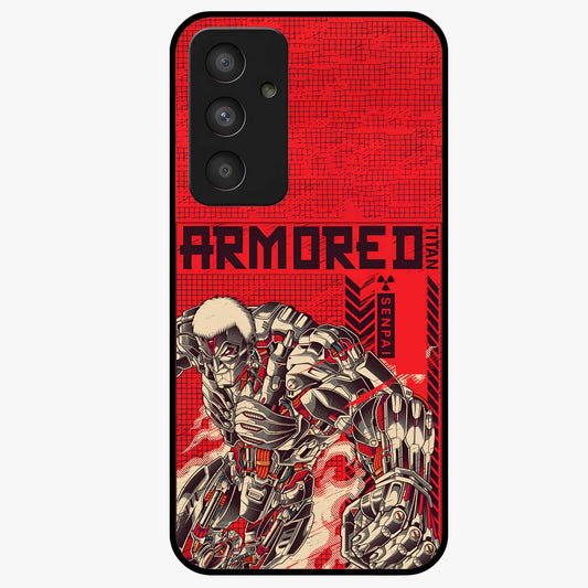 Crimson Mecha Titan Glass Case showing flat back view with powerful mech titan artwork and glossy glass finish.