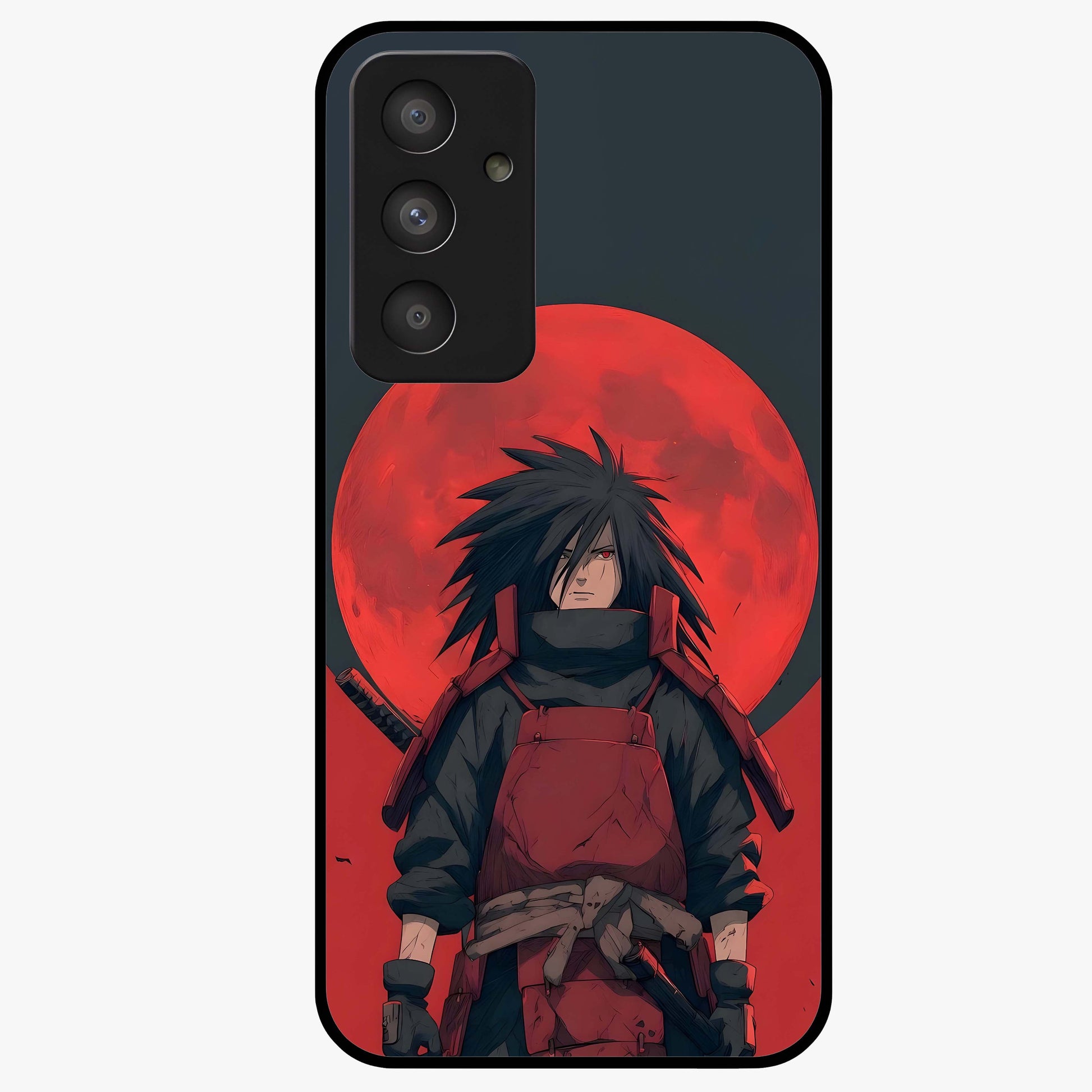 Crimson Moon Warlord Glass Case showing flat back view with mystical moon warrior artwork and glossy glass finish.
