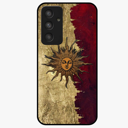 Crimson Sun Majesty Glass Case showing flat back view with radiant sun inspired artwork and glossy glass finish.