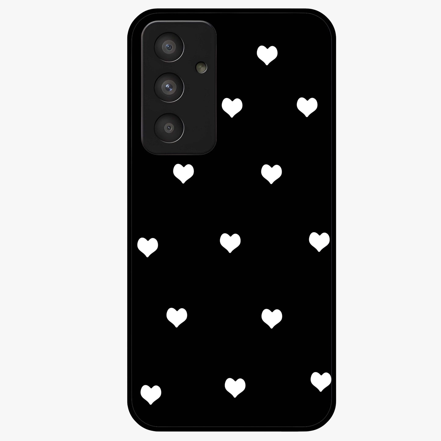Cute And Simple White Hearts Glass Case showing flat back view with minimal white heart pattern and glossy glass finish.