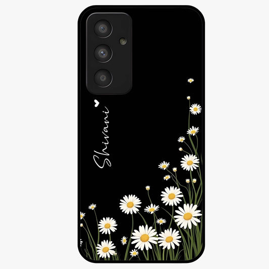 Daisy Cascade Custom Name Glass Case showing flat back view with cascading daisy flowers and personalized name design.