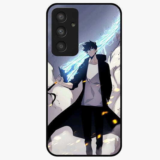 Dark Lightning Anime Warrior Glass Case showing flat back view with intense anime warrior artwork and glossy glass finish.