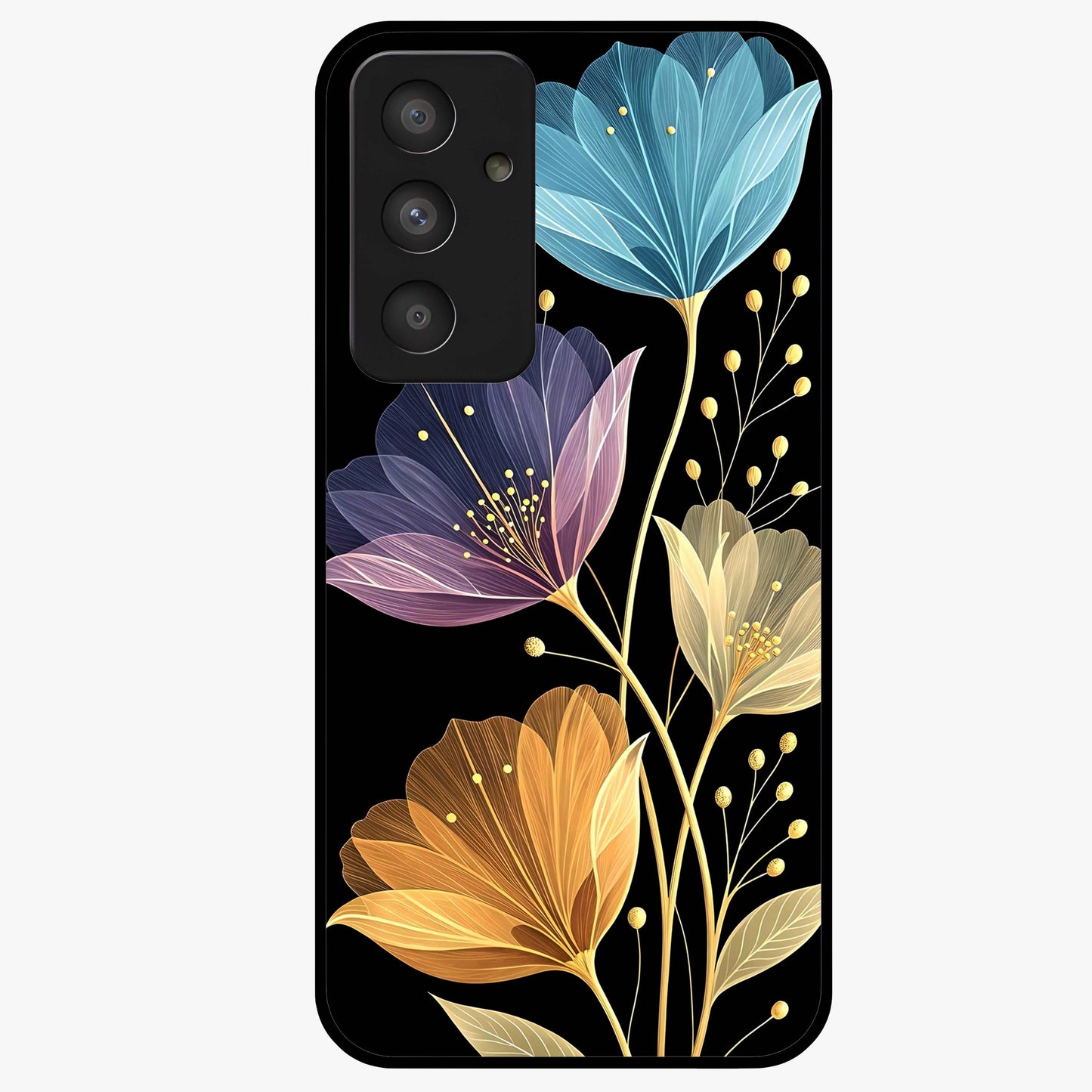 Delicate Multicolor Flowers Glass Case showing flat back view with vibrant floral artwork and glossy glass finish.