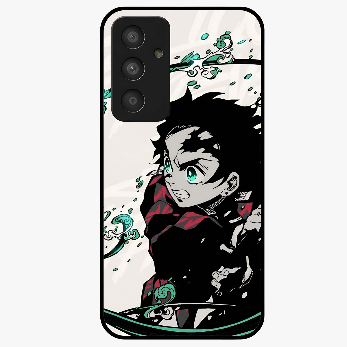 Demon Slayer Glass Case showing flat back view with bold anime inspired artwork and glossy glass finish.