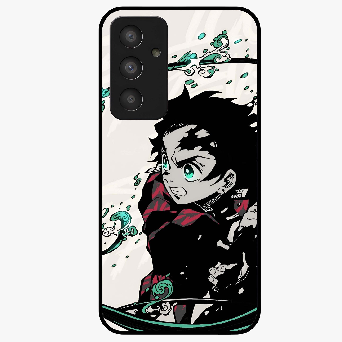 Demon Slayer Glass Case showing flat back view with bold anime inspired artwork and glossy glass finish.