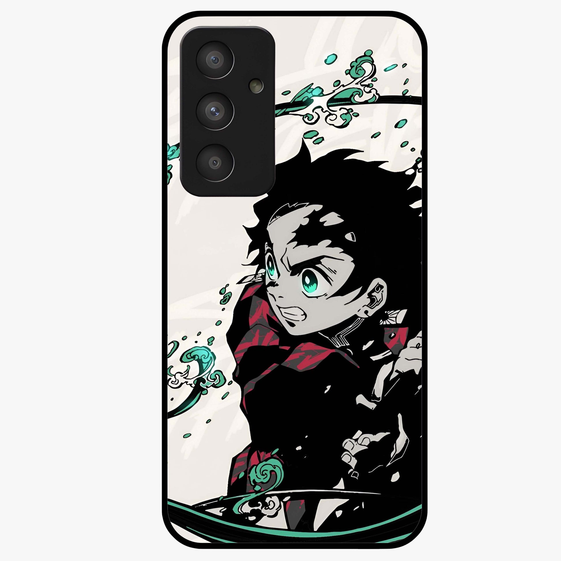 Demon Slayer Glass Case showing flat back view with bold anime inspired artwork and glossy glass finish.